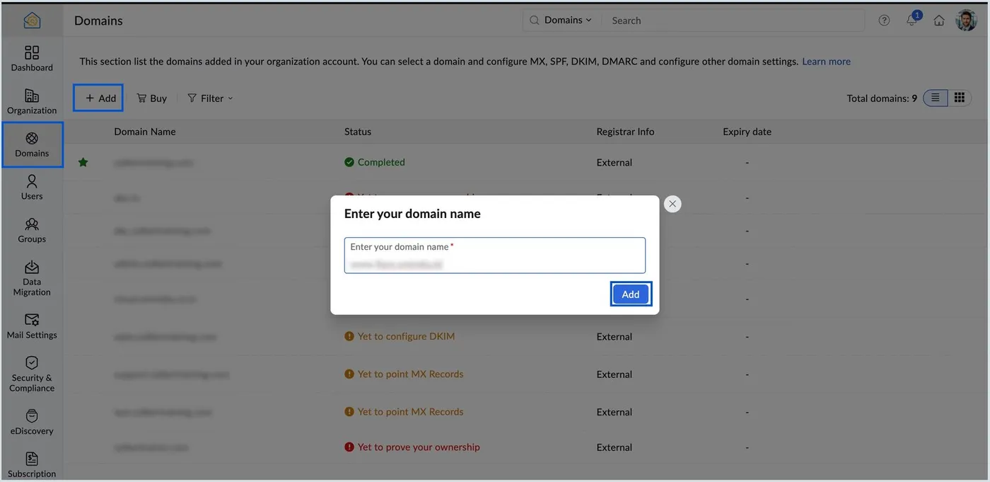 Zoho Mail admin console Domains list with an Enter your domain name dialog open over it, showing a text field and a blue Add button, with existing domains behind it in states such as Yet to point MX Records.