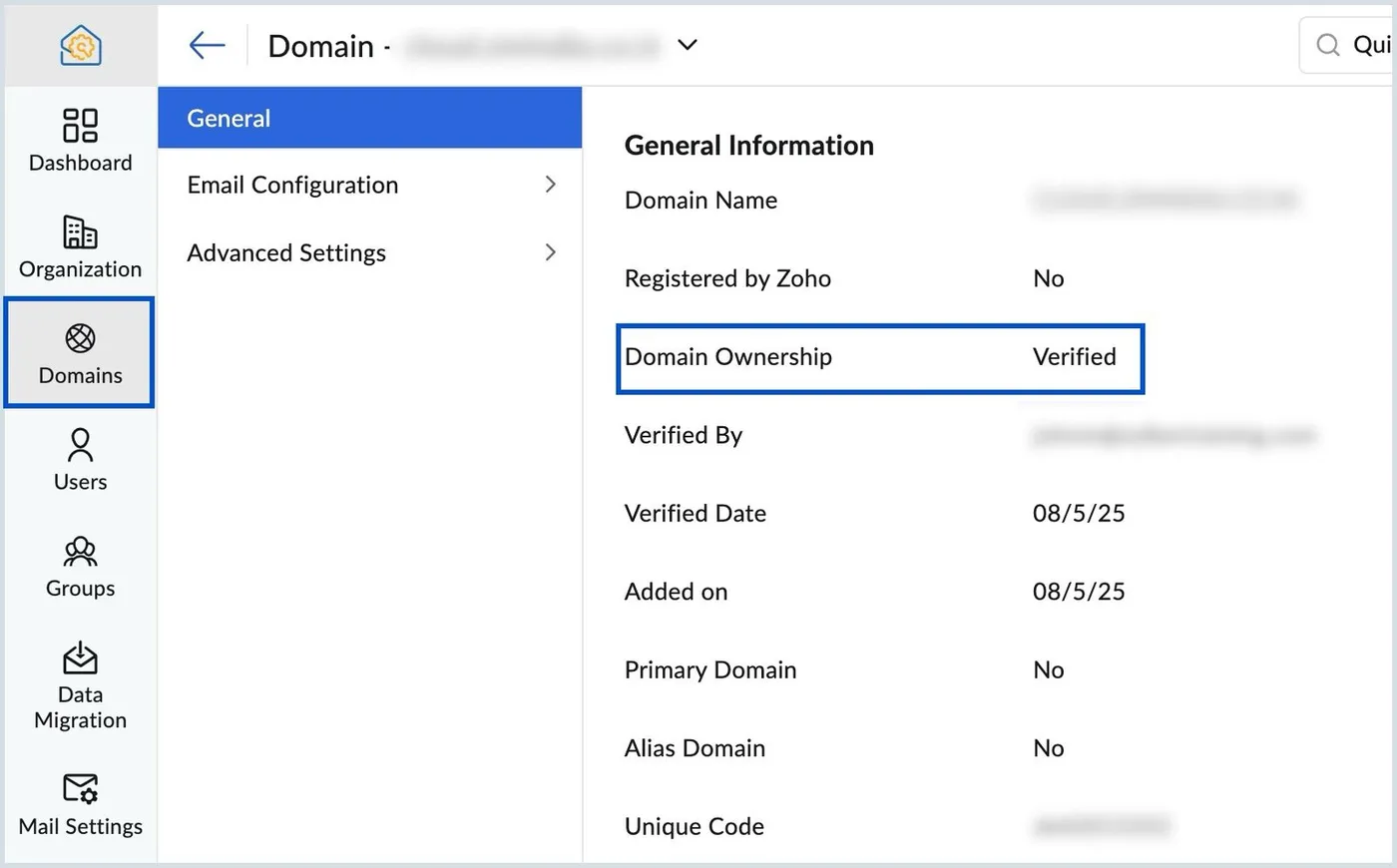 Zoho Mail domain General Information panel showing Domain Ownership Verified, along with fields for Registered by Zoho, Verified By, Verified Date, Added on, Primary Domain, Alias Domain and Unique Code.