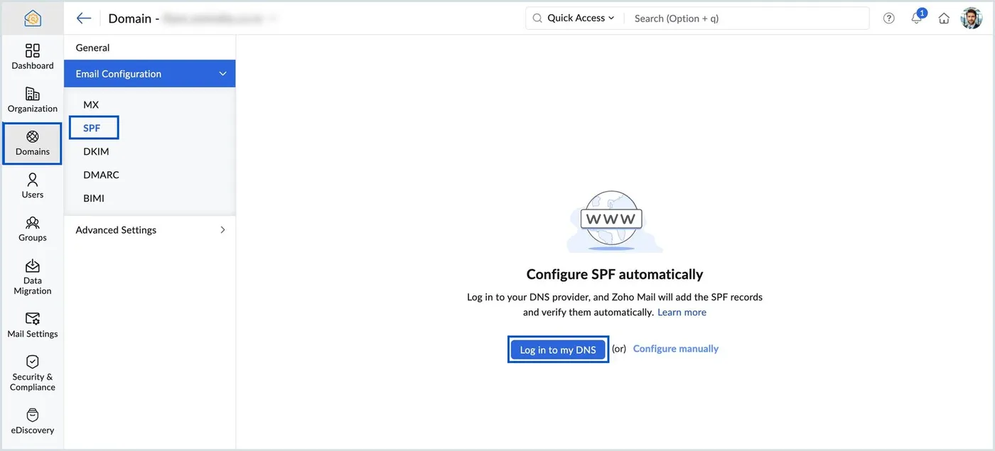 Zoho Mail Email Configuration SPF tab reading Configure SPF automatically, with a Log in to my DNS button and a Configure manually link.
