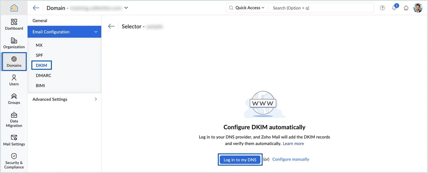 Zoho Mail Email Configuration DKIM tab reading Configure DKIM automatically, with a Log in to my DNS button and a Configure manually link.