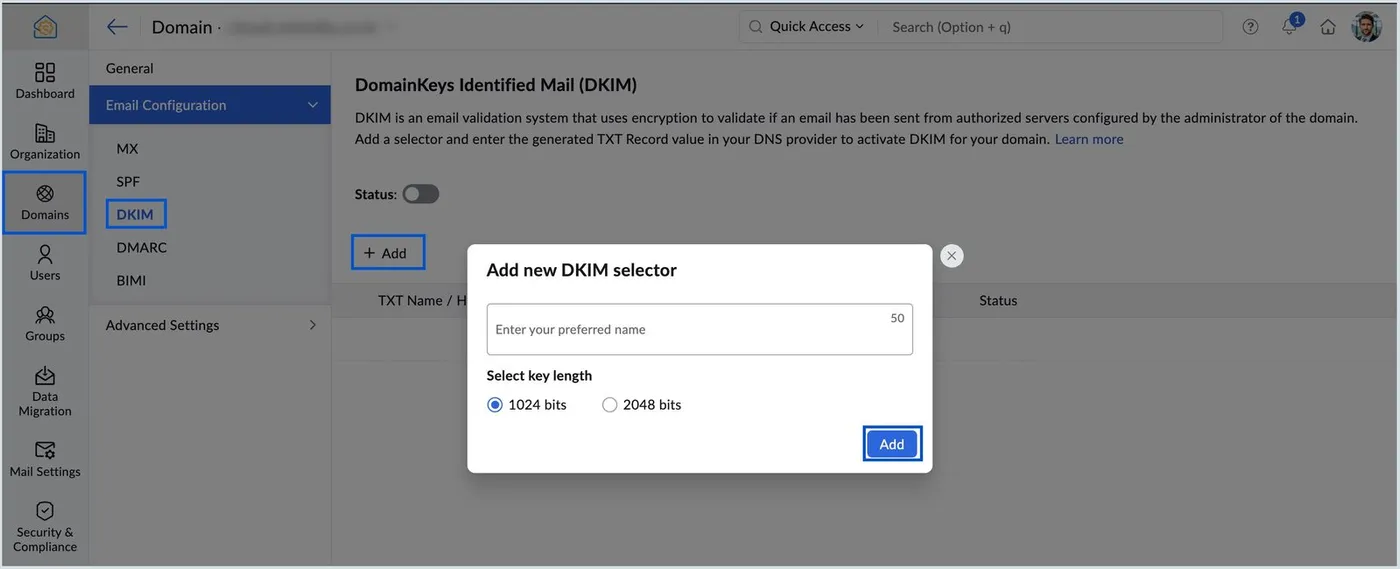 Zoho Mail DomainKeys Identified Mail panel with an Add new DKIM selector dialog open, containing a preferred name field and a key length choice between 1024 bits and 2048 bits, with 1024 selected.