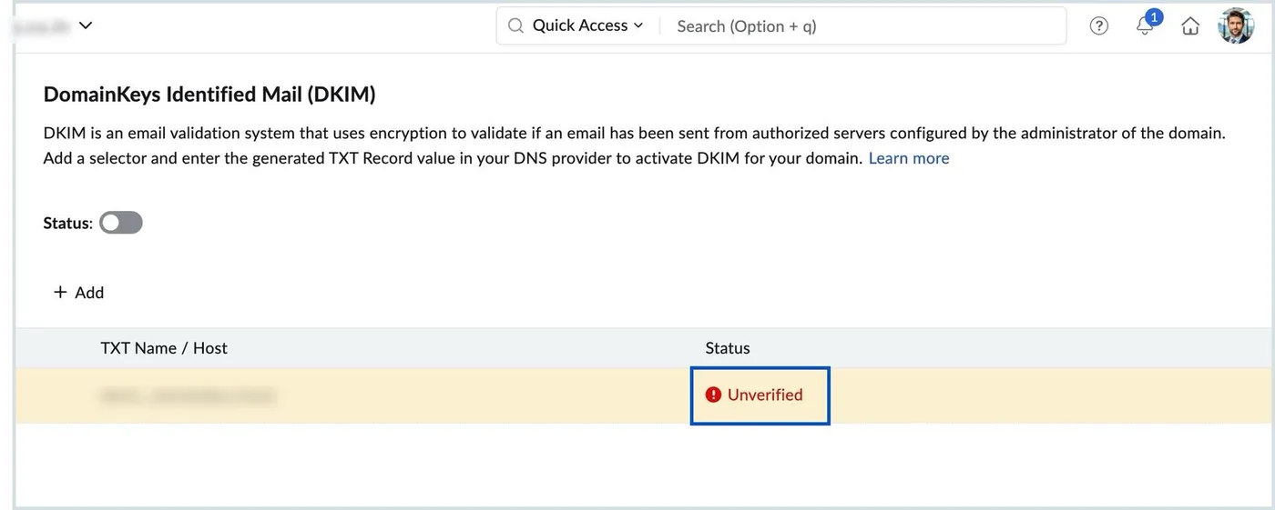 Zoho Mail DKIM panel with the status toggle switched off and a selector row highlighted in yellow showing status Unverified.