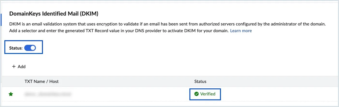 Zoho Mail DKIM panel with the status toggle switched on and a selector row showing a green Verified status with a star beside it.