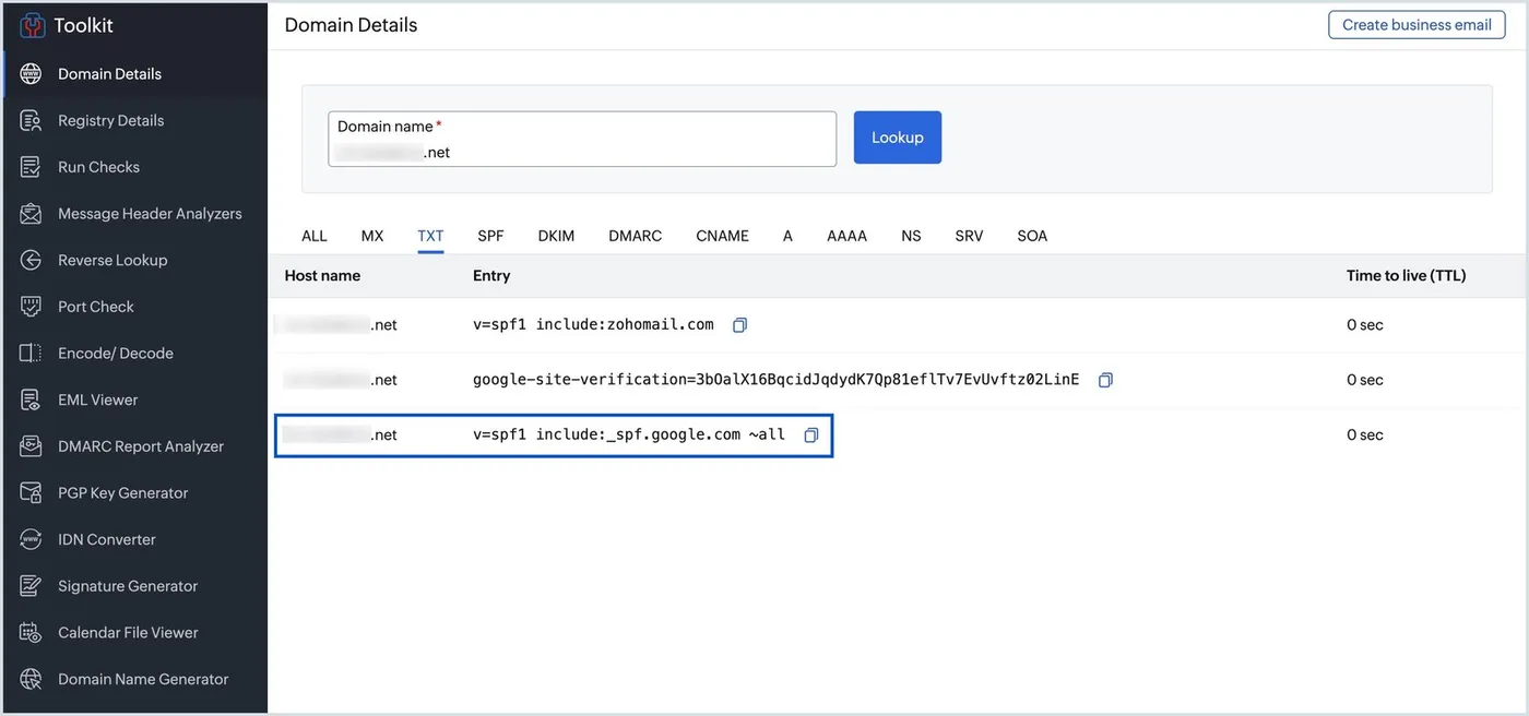 A browser based DNS lookup tool listing the TXT records for a domain, including two separate v=spf1 records, one with include:zohomail.com and one with include:_spf.google.com.