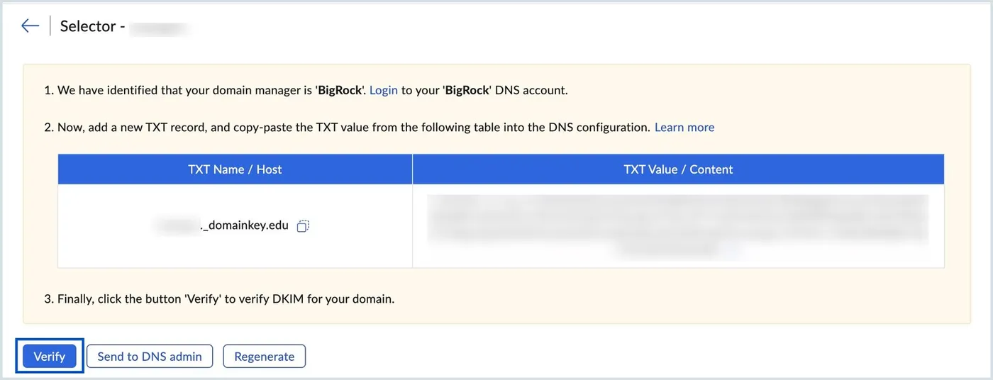 A Zoho Mail DKIM selector screen showing the manual path: numbered instructions to log in to the identified DNS provider and add a TXT record, a table of the TXT name and value, and Verify, Send to DNS admin and Regenerate buttons.