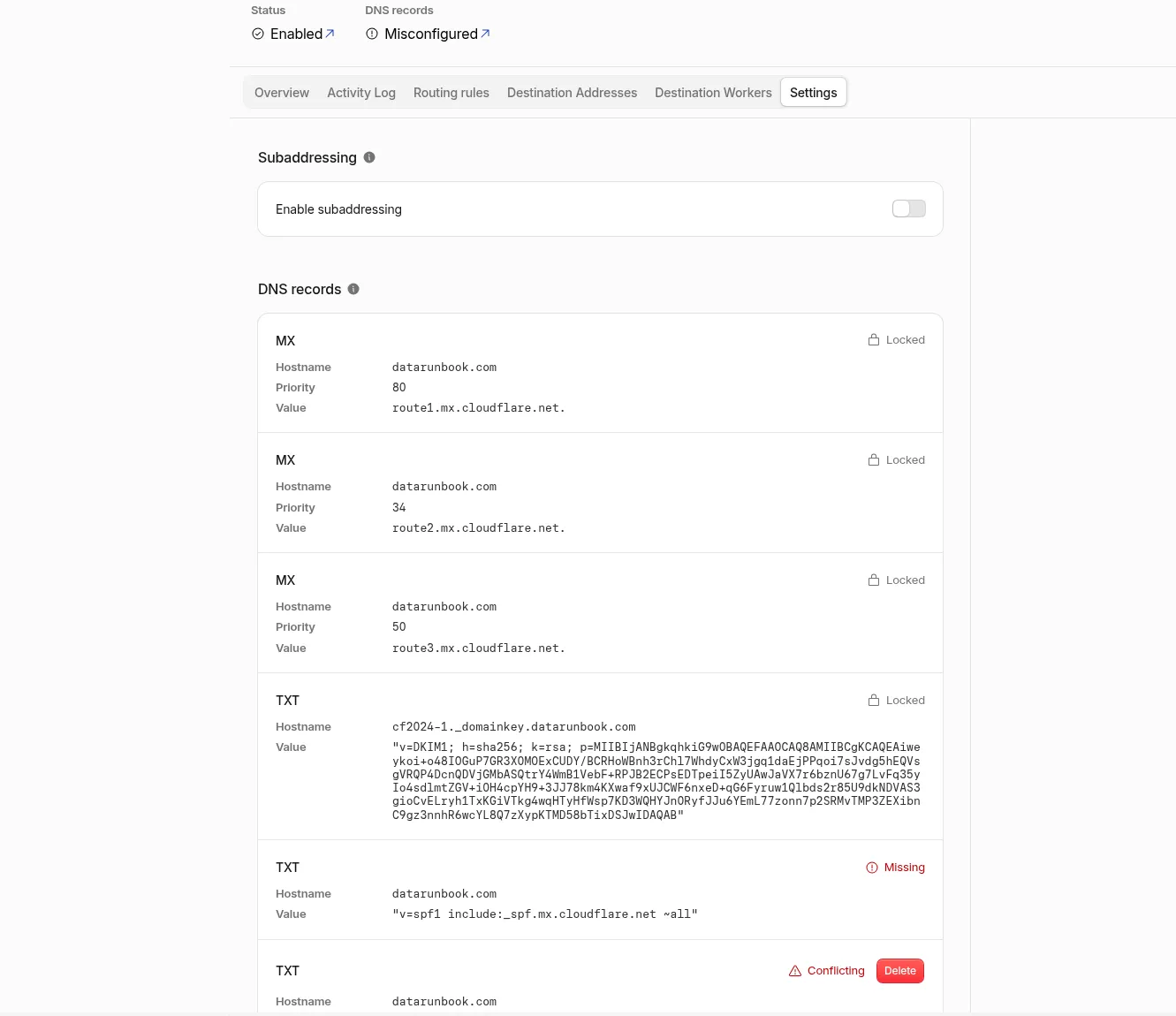 Cloudflare Email Routing settings showing three MX records at priorities 80, 34 and 50 pointing at route1, route2 and route3 mx.cloudflare.net, each badged Locked, a Locked DKIM TXT record, an SPF record badged Missing, and a second SPF TXT record badged Conflicting with a red Delete button.
