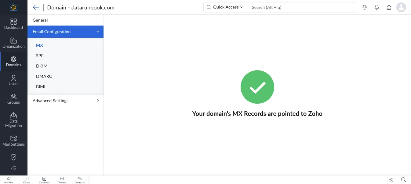Zoho Mail Email Configuration MX tab showing a large green circled tick and the text Your domain's MX Records are pointed to Zoho.