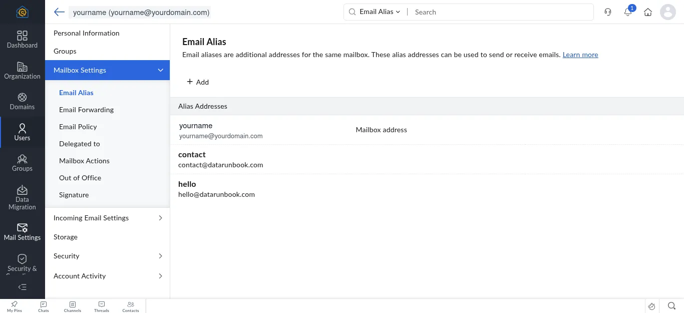 Zoho Mail Email Alias screen listing three addresses on one mailbox: the account's own address marked Mailbox address, plus contact and hello aliases on the same domain.