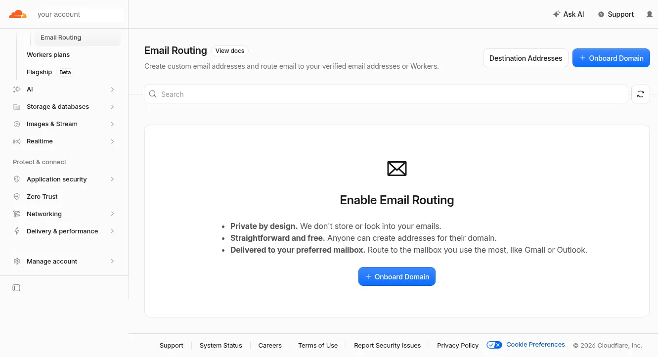 Cloudflare Email Routing landing page showing an Enable Email Routing panel with an Onboard Domain button and no domains listed.